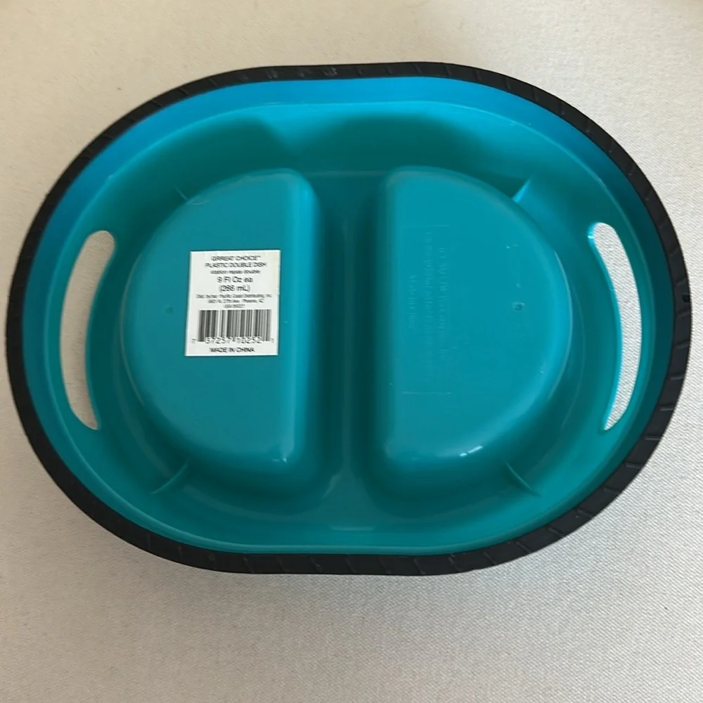 Divided Double Dish Teal Plastic Food Bowl For Small Dog Or Cat